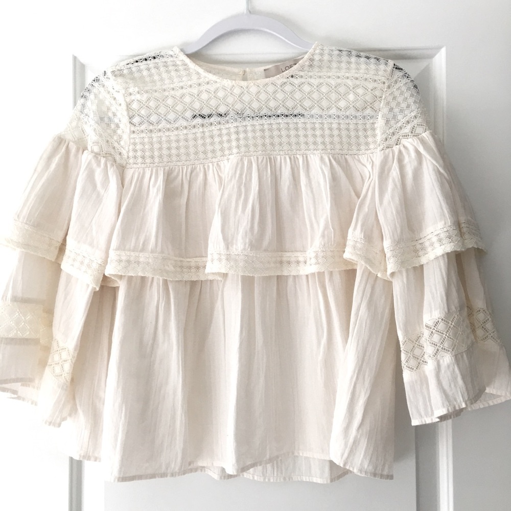 The Loft cream colored tiered blouse w/ tiered & bell sleeves. Size XS
